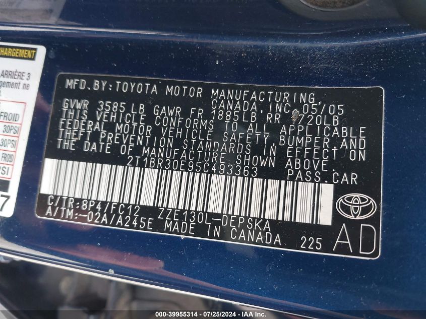 2005 Toyota Corolla Ce/Le/S VIN: 2T1BR30E95C493363 Lot: 39955314