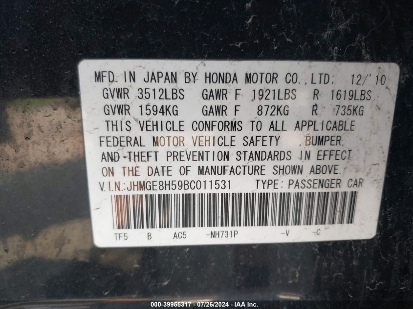 2011 Honda Fit Sport VIN: JHMGE8H59BC011531 Lot: 39955317