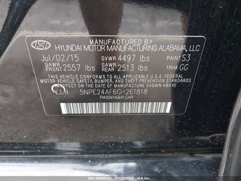 2016 Hyundai Sonata Se VIN: 5NPE24AF6GH261818 Lot: 39955332