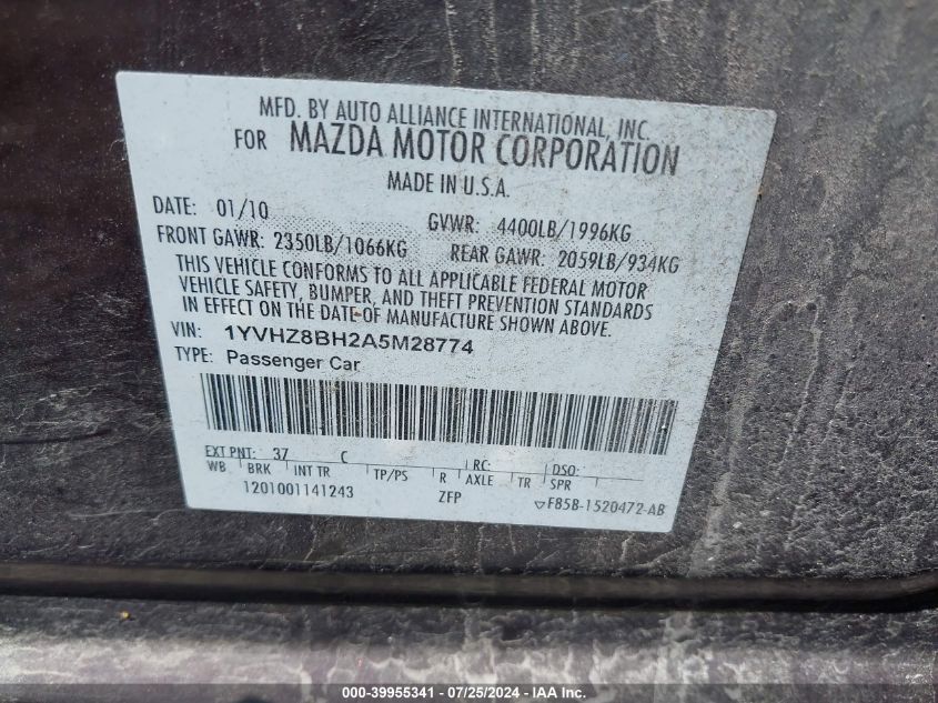 2010 Mazda Mazda6 I Sport VIN: 1YVHZ8BH2A5M28774 Lot: 39955341