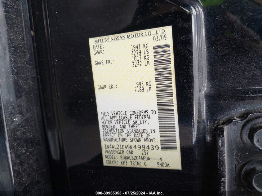 2009 Nissan Altima 2.5 S VIN: 1N4AL21E49N499439 Lot: 39955353