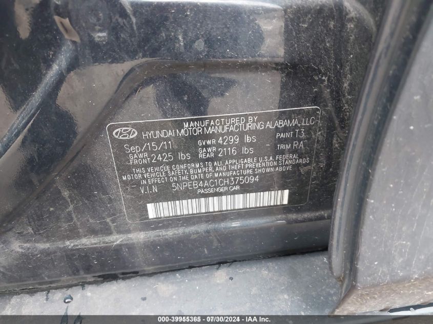 5NPEB4AC1CH375094 2012 Hyundai Sonata Gls