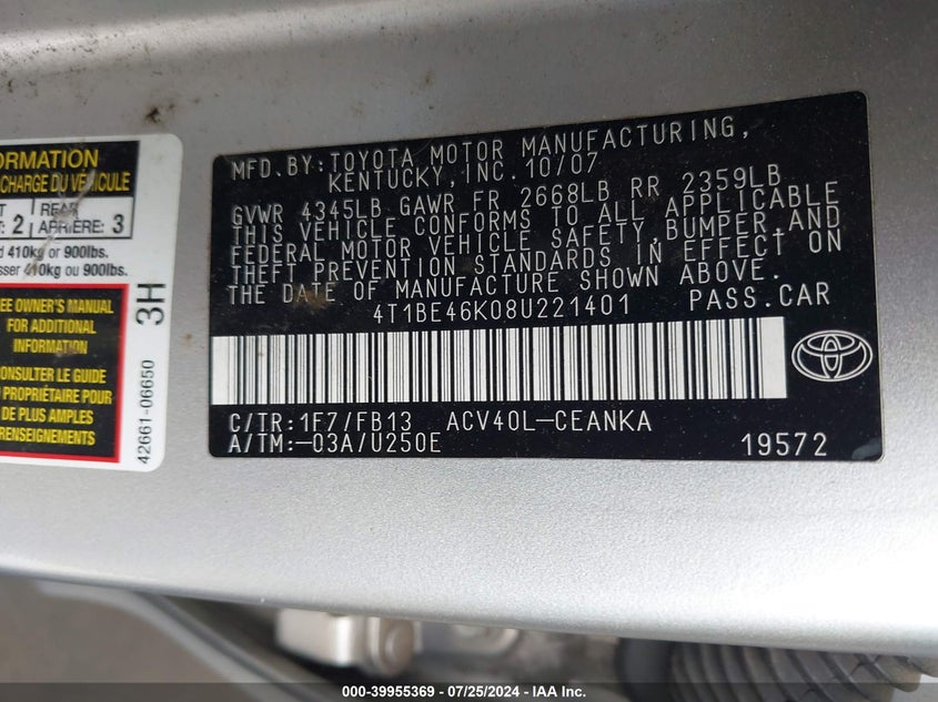 2008 Toyota Camry Le/Se/Xle VIN: 4T1BE46K08U221401 Lot: 39955369