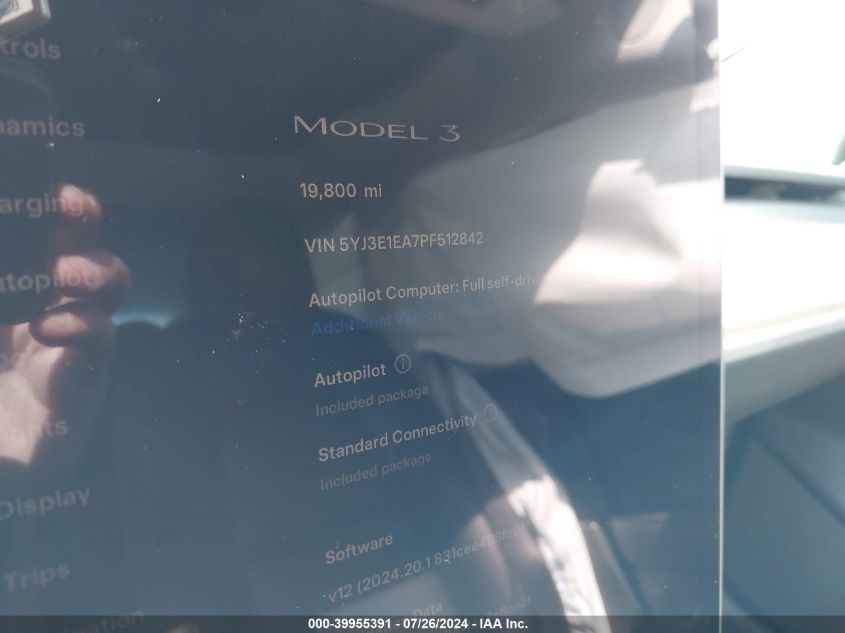 5YJ3E1EA7PF512842 2023 Tesla Model 3