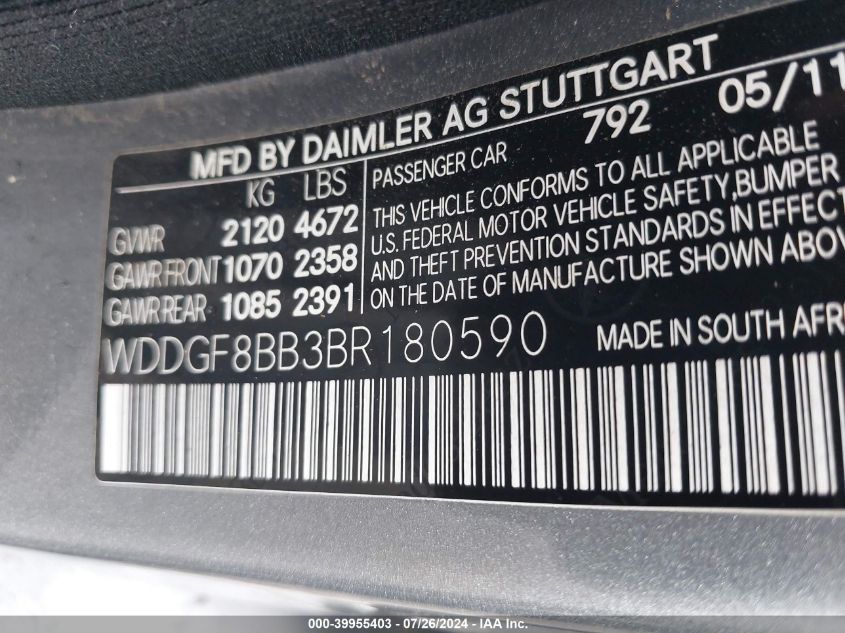 2011 Mercedes-Benz C 300 Luxury 4Matic/Sport 4Matic VIN: WDDGF8BB3BR180590 Lot: 39955403