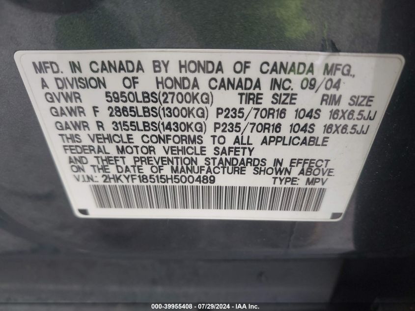 2005 Honda Pilot Ex-L VIN: 2HKYF18515H500489 Lot: 39955408