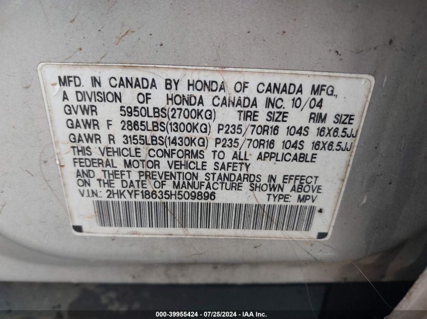 2005 Honda Pilot Ex-L VIN: 2HKYF18635H509896 Lot: 39955424