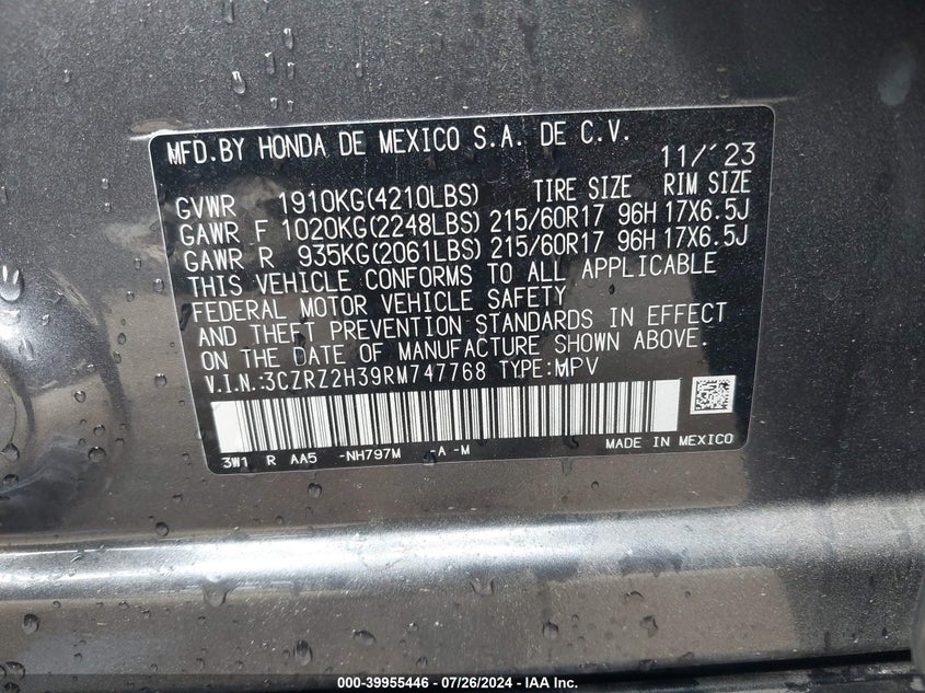 2024 Honda Hr-V Awd Lx VIN: 3CZRZ2H39RM747768 Lot: 39955446