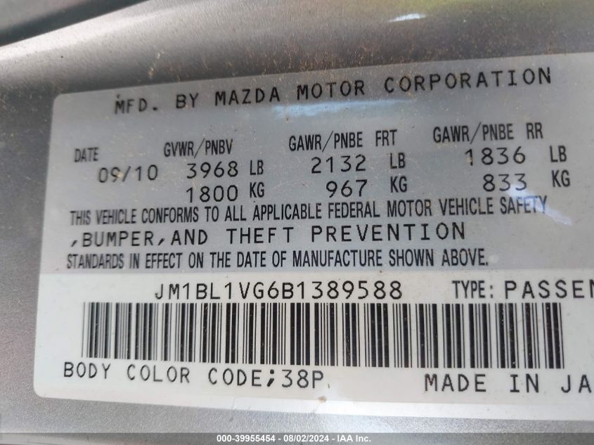 2011 Mazda Mazda3 I Touring VIN: JM1BL1VG6B1389588 Lot: 39955454