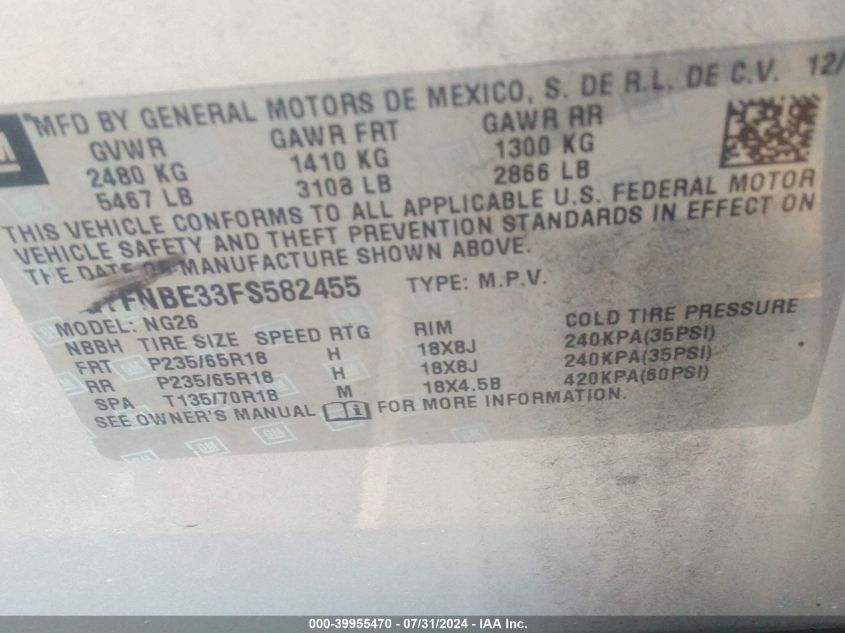 2015 Cadillac Srx Luxury Collection VIN: 3GYFNBE33FS582455 Lot: 39955470