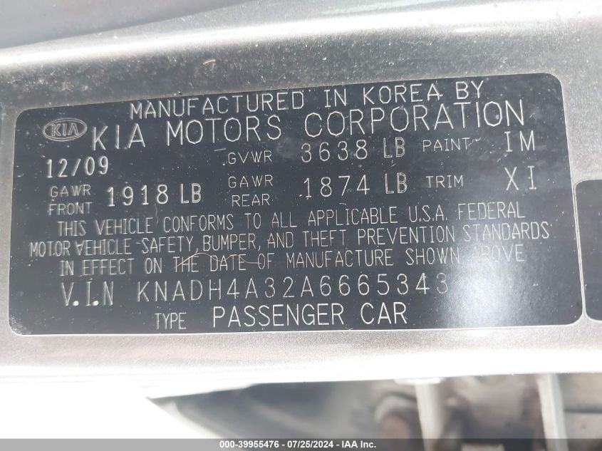 2010 Kia Rio Lx VIN: KNADH4A32A6665343 Lot: 39955476