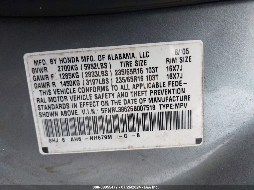 2006 Honda Odyssey Ex-L VIN: 5FNRL38626B007518 Lot: 39955477