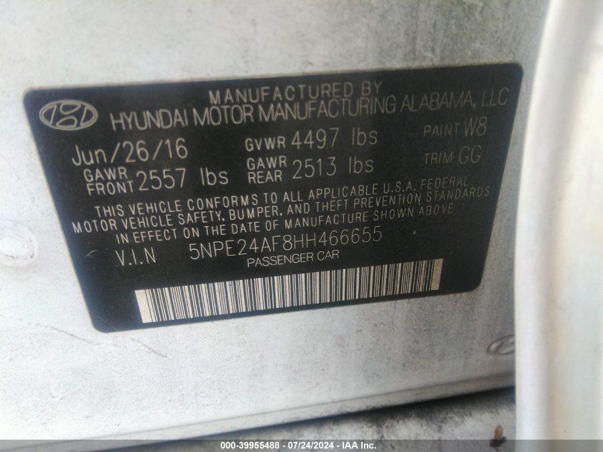 5NPE24AF8HH466655 | 2017 HYUNDAI SONATA