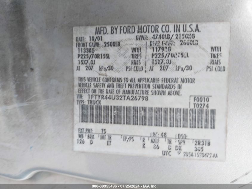 2002 Ford Ranger Edge/Tremor/Xlt VIN: 1FTYR44U32TA26798 Lot: 39955496