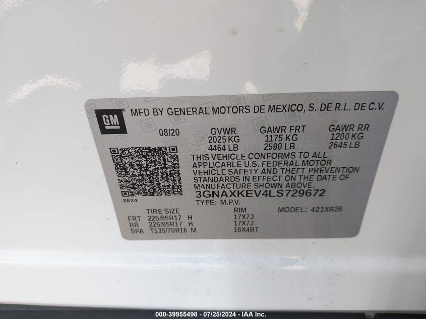 2020 CHEVROLET EQUINOX FWD LT 1.5L TURBO - 3GNAXKEV4LS729672