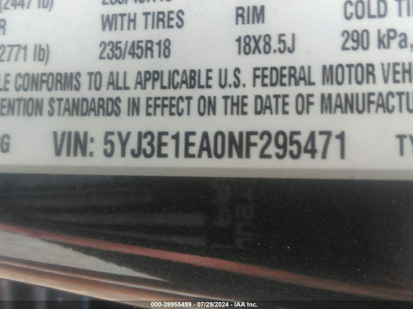 2022 Tesla Model 3 Rear-Wheel Drive VIN: 5YJ3E1EA0NF295471 Lot: 39955499