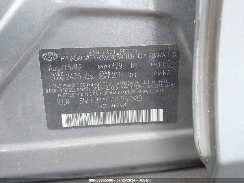 2013 Hyundai Sonata Gls VIN: 5NPEB4AC7DH583580 Lot: 39955506