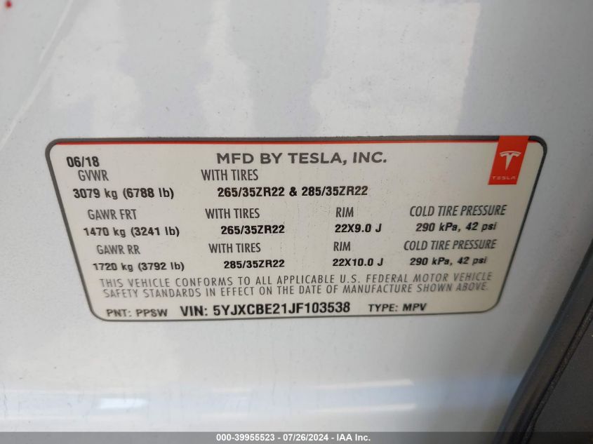 5YJXCBE21JF103538 2018 Tesla Model X