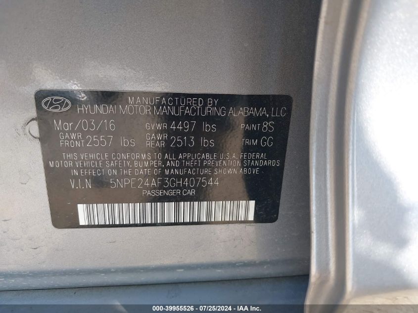 2016 HYUNDAI SONATA - 5NPE24AF3GH407544