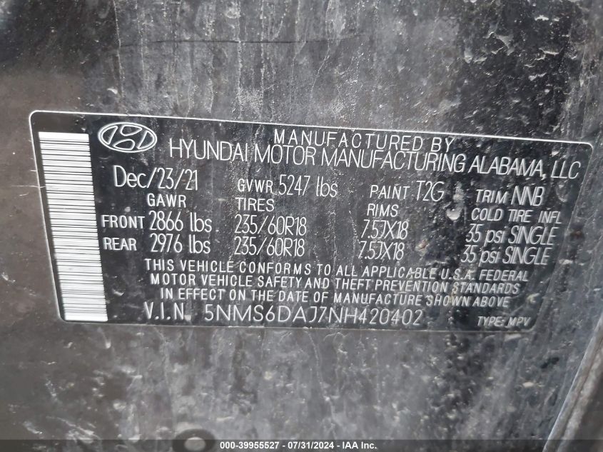 2022 Hyundai Santa Fe Sel VIN: 5NMS6DAJ7NH420402 Lot: 39955527