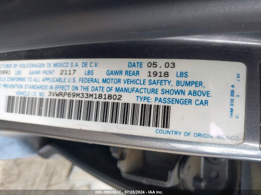 2003 Volkswagen Jetta Gl Tdi VIN: 3VWRP69M33M181802 Lot: 39955537