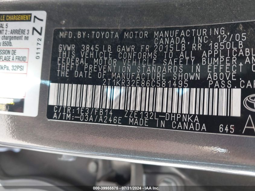 2T1KR32E86C581495 2006 Toyota Matrix Xr