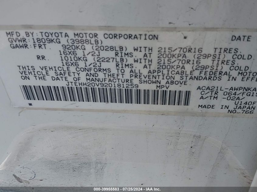 2002 Toyota Rav4 VIN: JTEHH20V920181259 Lot: 39955583