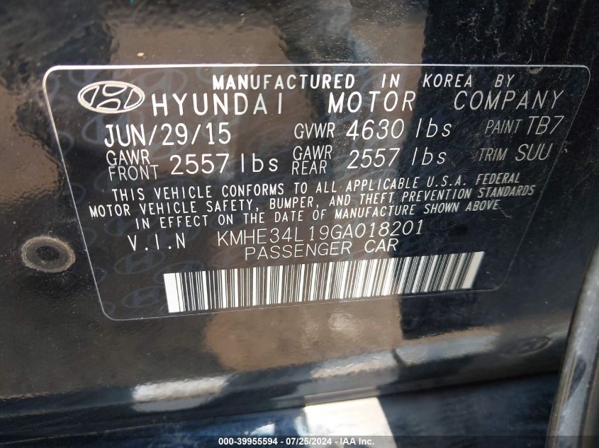 2016 Hyundai Sonata Hybrid Limited VIN: KMHE34L19GA018201 Lot: 39955594