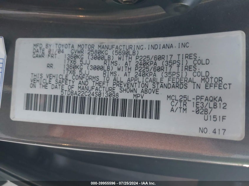 2004 Toyota Sienna Xle/Xle Limited VIN: 5TDBA22C24S013098 Lot: 39955596