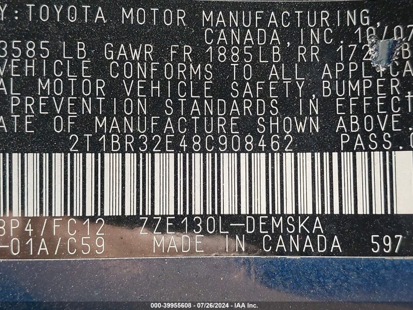 2008 Toyota Corolla Ce/Le/S VIN: 2T1BR32E48C908462 Lot: 39955608