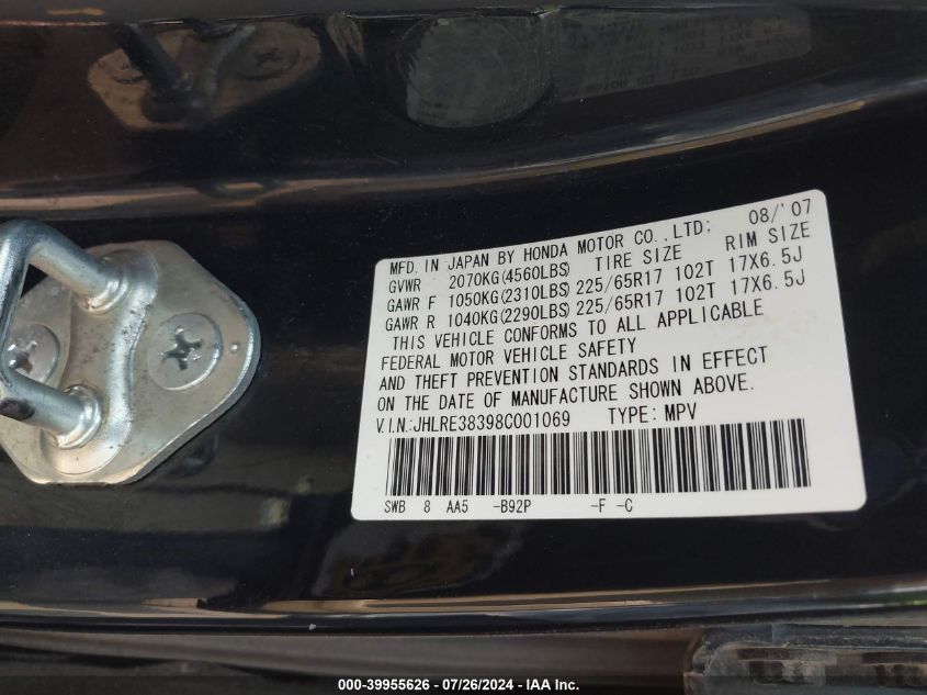 2008 Honda Cr-V Lx VIN: JHLRE38398C001069 Lot: 39955626