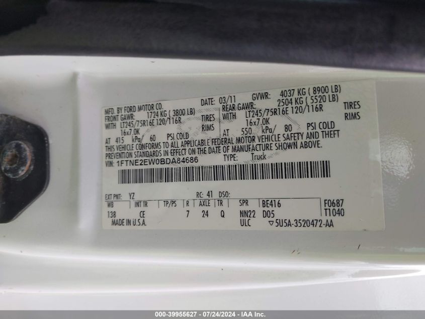 2011 Ford E-250 Commercial VIN: 1FTNE2EW0BDA84686 Lot: 39955627