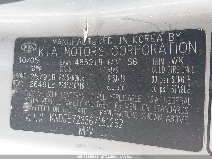 2006 Kia Sportage Ex V6/Lx V6 VIN: KNDJE723367181262 Lot: 39955633