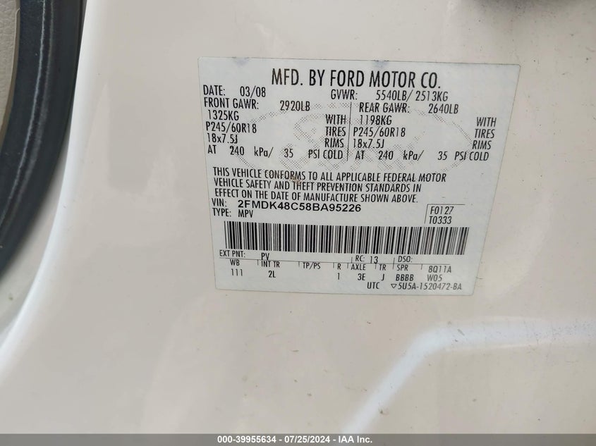 2008 Ford Edge Sel VIN: 2FMDK48C58BA95226 Lot: 39955634