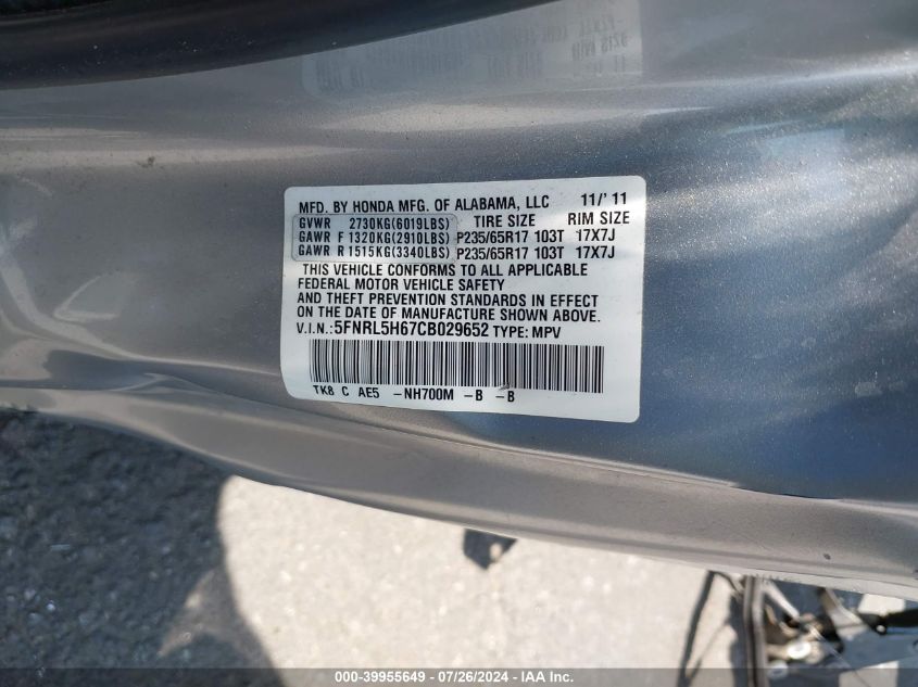 2012 Honda Odyssey Ex-L VIN: 5FNRL5H67CB029652 Lot: 39955649