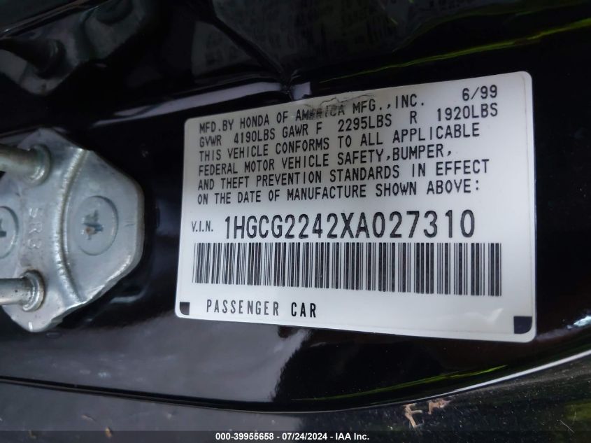 1999 Honda Accord Lx V6 VIN: 1HGCG2242XA027310 Lot: 39955658