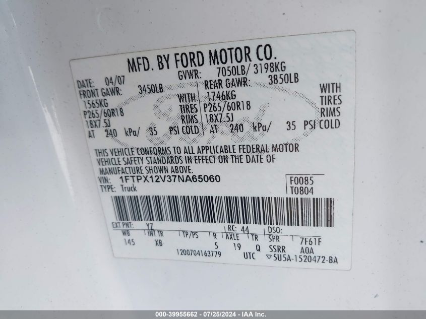2007 Ford F-150 VIN: 1FTPX12V37NA65060 Lot: 39955662