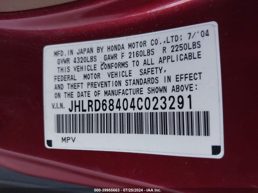 2004 Honda Cr-V Lx VIN: JHLRD68404C023291 Lot: 39955663