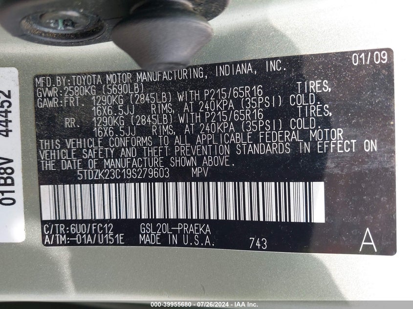 2009 Toyota Sienna Ce/Le VIN: 5TDZK23C19S279603 Lot: 39955680