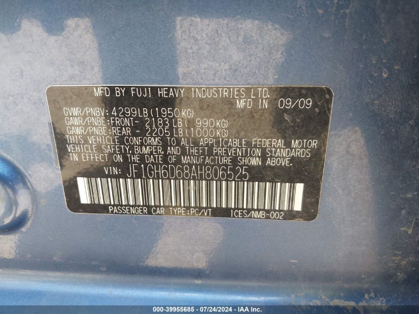 2010 Subaru Impreza Outback Sport VIN: JF1GH6D68AH806525 Lot: 39955685