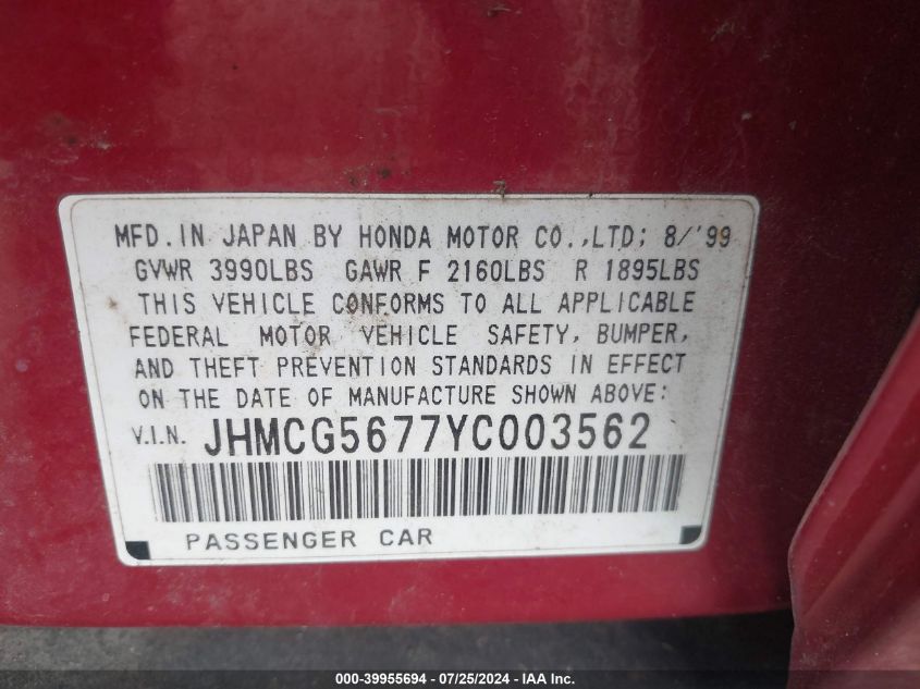 2000 Honda Accord Se VIN: JHMCG5677YC003562 Lot: 39955694
