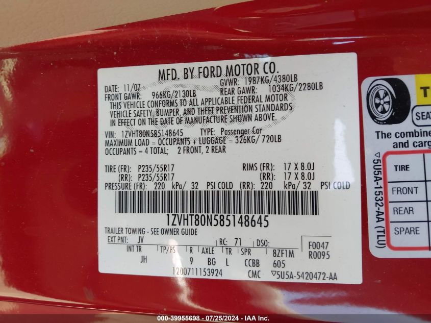 2008 Ford Mustang V6 Deluxe/V6 Premium VIN: 1ZVHT80N585148645 Lot: 39955698