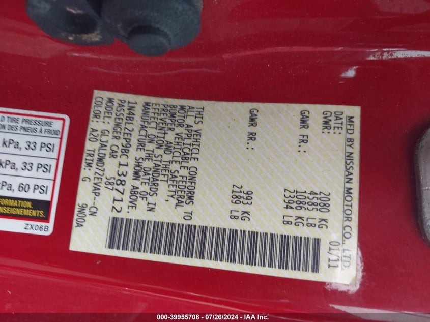 2011 Nissan Altima 3.5 Sr VIN: 1N4BL2EP9BC138712 Lot: 39955708