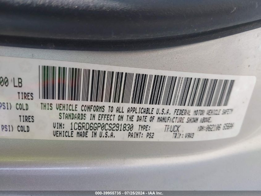 2012 Ram 1500 Slt VIN: 1C6RD6GP0CS291830 Lot: 39955735