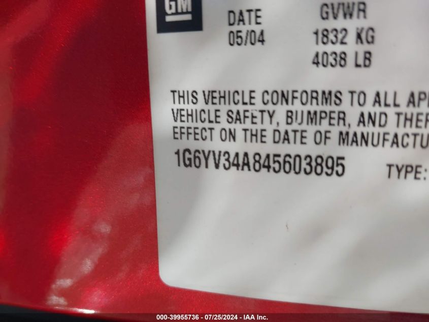 2004 Cadillac Xlr Standard VIN: 1G6YV34A845603895 Lot: 40267048