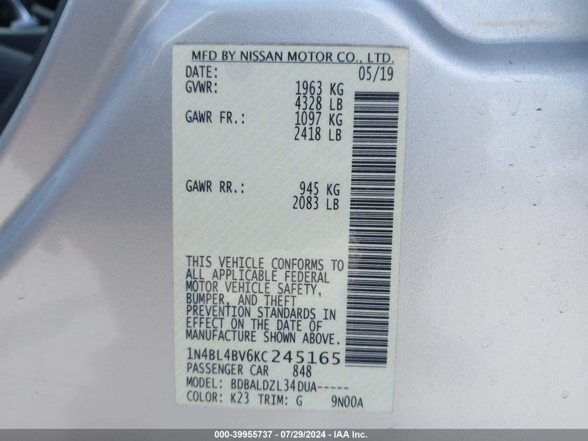 VIN 1N4BL4BV6KC245165 2019 NISSAN ALTIMA 2.5 S