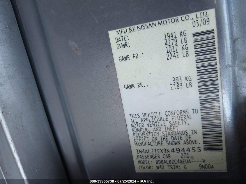 2009 Nissan Altima 2.5/2.5S VIN: 1N4AL21EX9N494455 Lot: 39955738