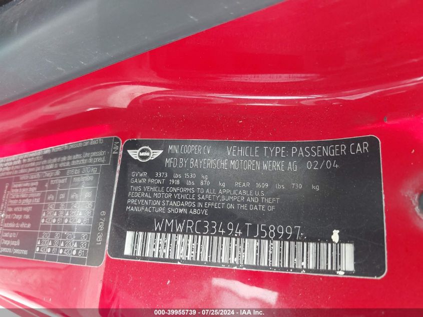 2004 Mini Cooper VIN: WMWRC33494TJ58997 Lot: 39955739