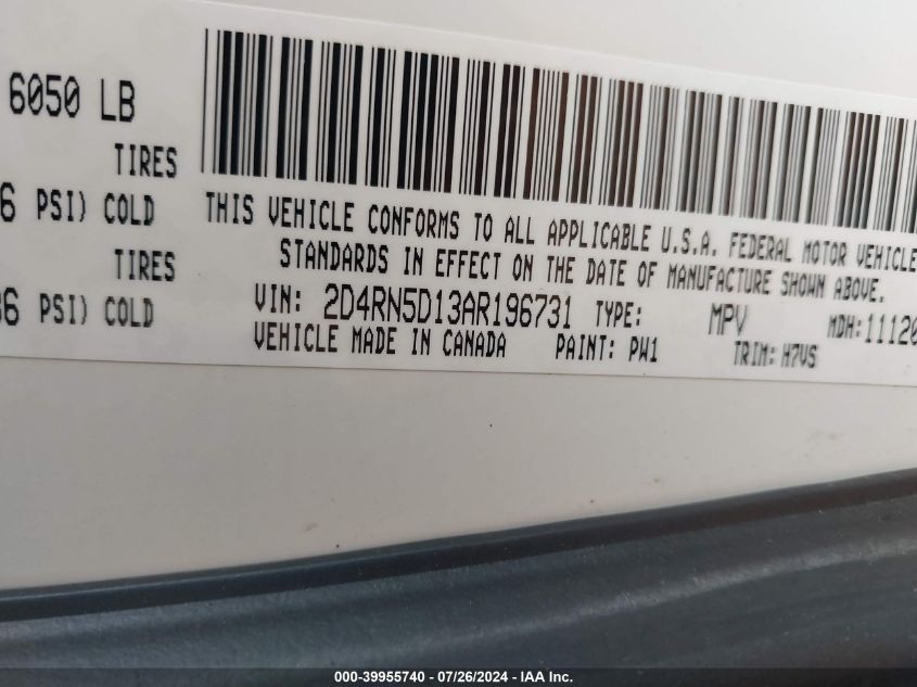 2010 Dodge Grand Caravan Sxt VIN: 2D4RN5D13AR196731 Lot: 39955740