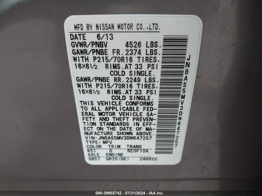 2013 Nissan Rogue S/Sv VIN: JN8AS5MV3DW647257 Lot: 39955742